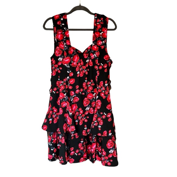 Hearts & Roses Brocade Lace Up Corset Dress Red Black Floral Fairy Goth Sz 14 - Picture 5 of 15